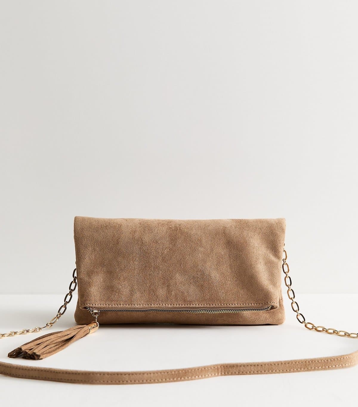 New Look New Look Camel Faux Suede Tassel Charm Clutch Bag