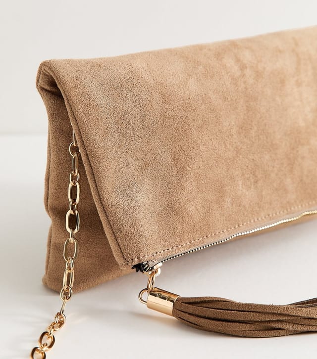 New Look Camel Faux Suede Tassel Charm Clutch Bag Vegan New Look - 3