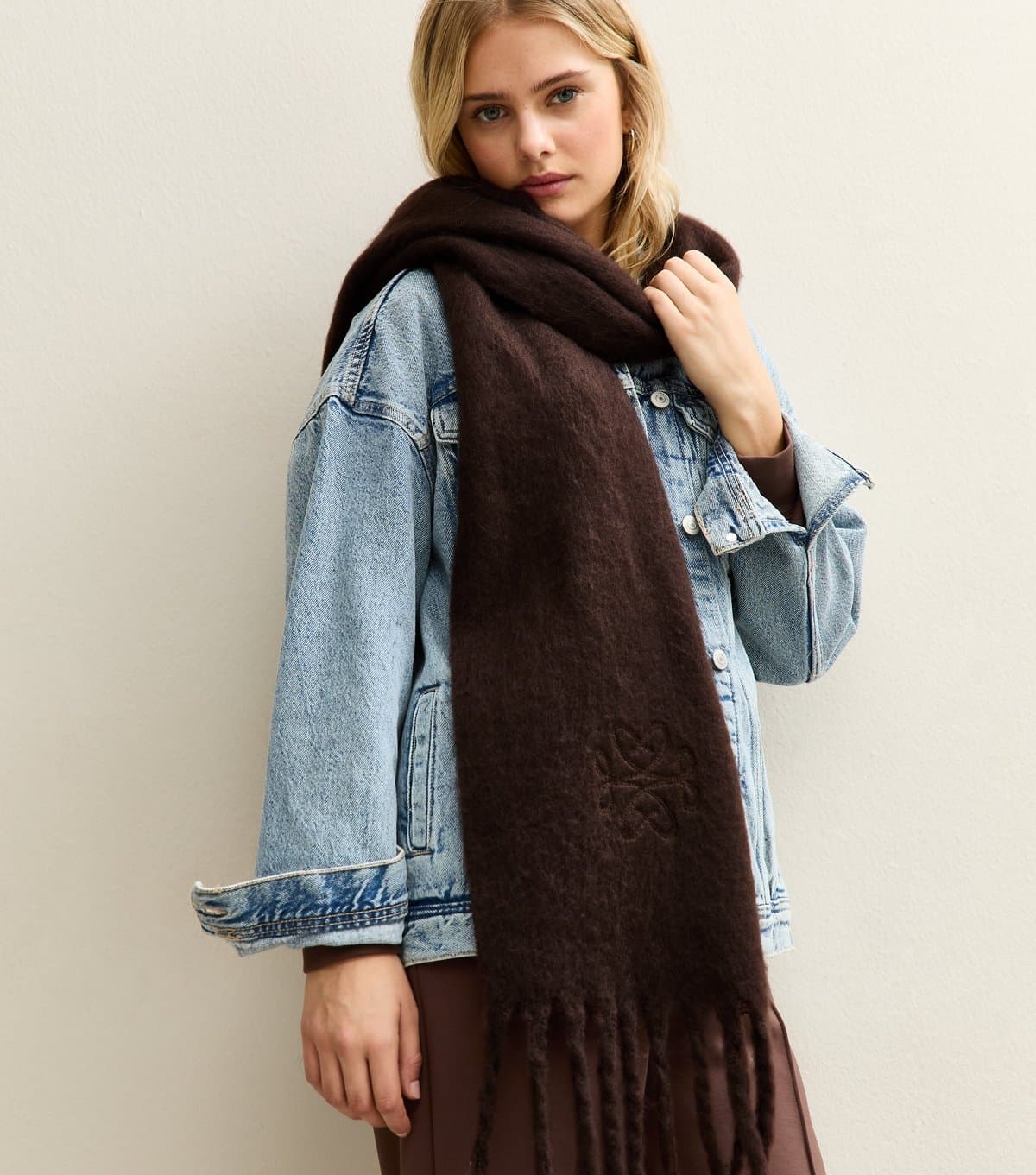 New Look Brown Fridge Embroidered Scarf New Look