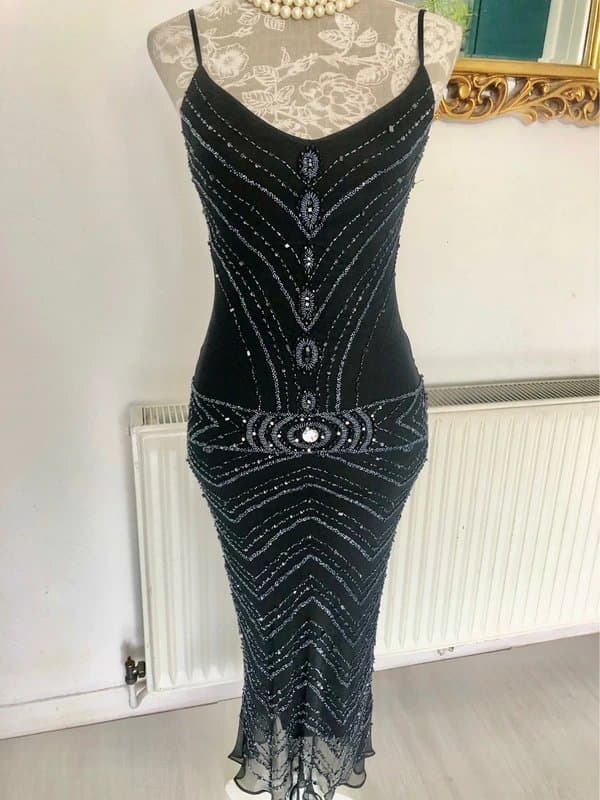 Yve London Vintage Y2K Yve London 1920s Art Deco 100%Silk heavily beaded Black evening Dress  size 8