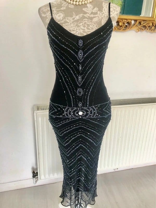 Yve London Black Silk Beaded Evening Dress Size 8