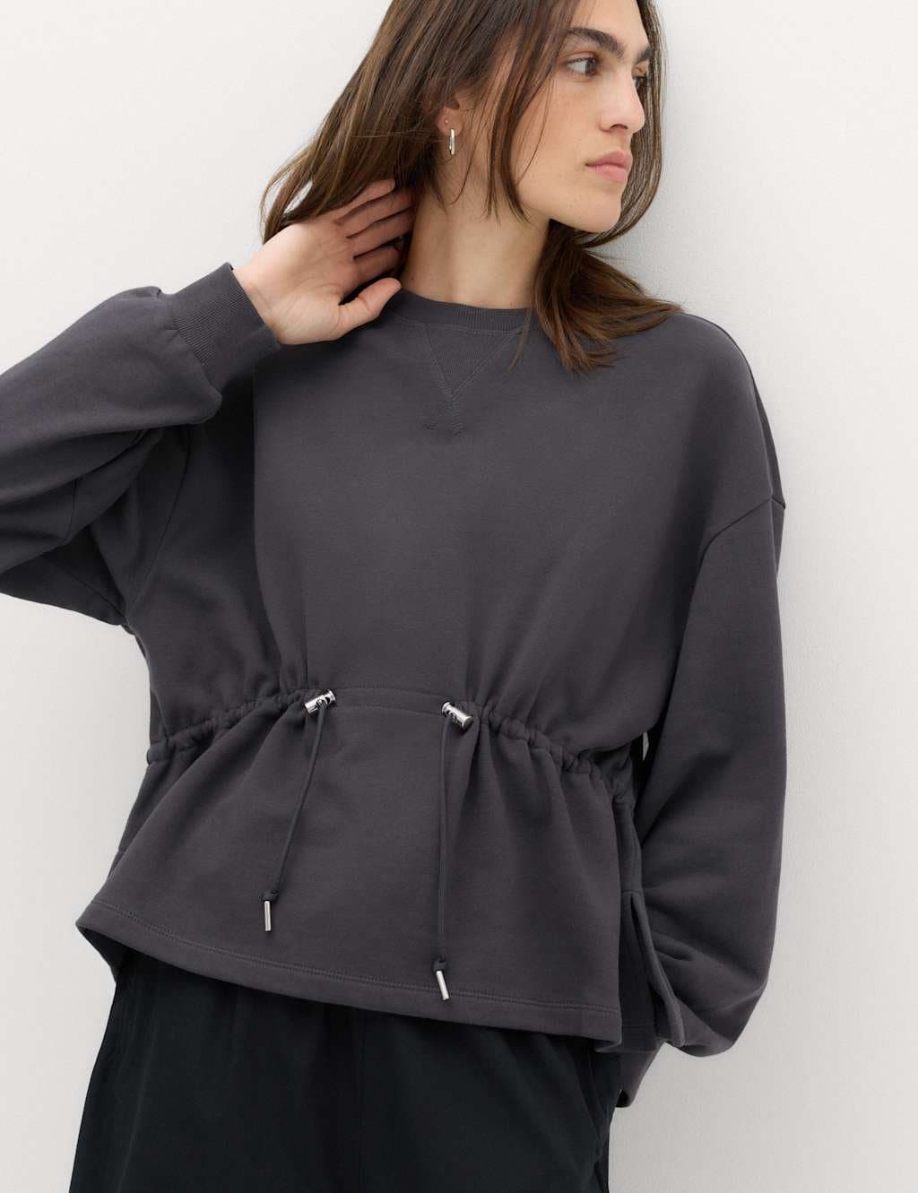 Marks & Spencer M&S Pure Cotton Drawcord Waist Sweatshirt Nearly Black