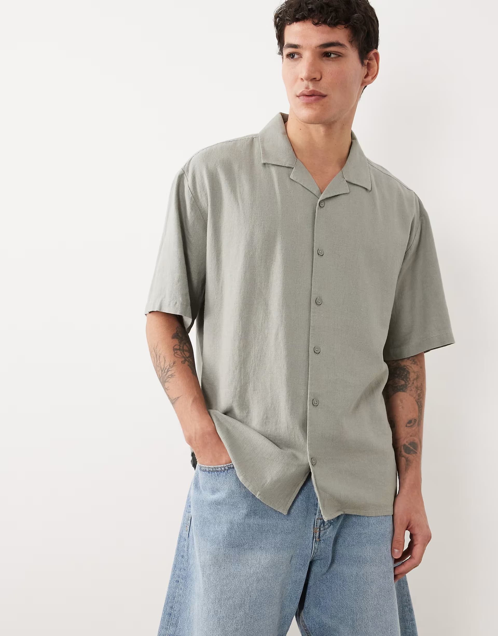 ASOS Threadbare relaxed fit linen mix short sleeve shirt in sage green