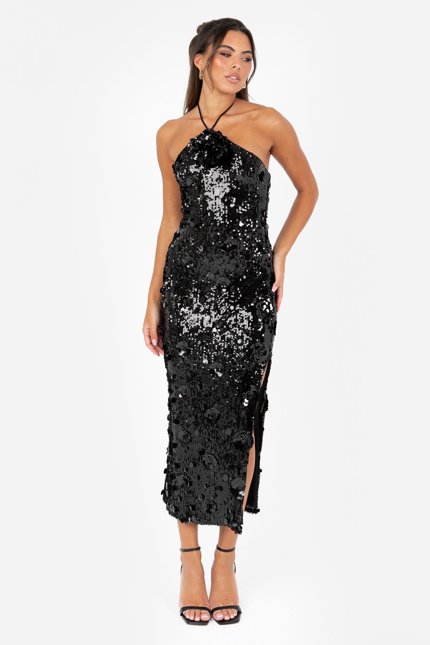 Maya Deluxe Maya Deluxe Women's Embellished Halter Neck Midaxi Dress in Black