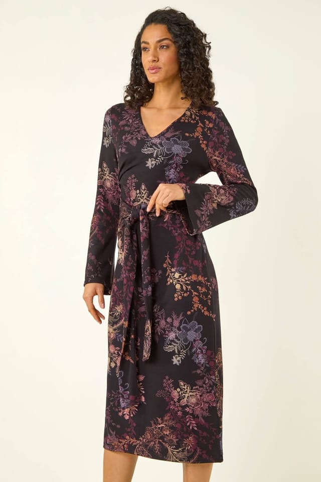 DUSK Dusk Women's Floral Tie Waist Midi Dress in Black - 2