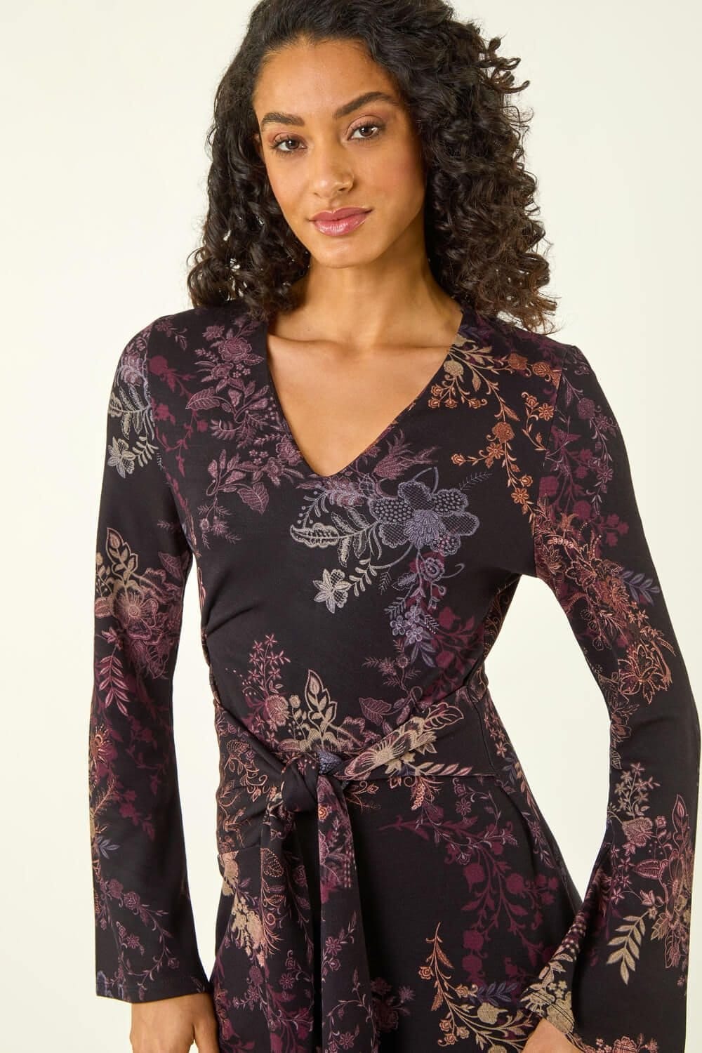 DUSK Dusk Women's Floral Tie Waist Midi Dress in Black - 4