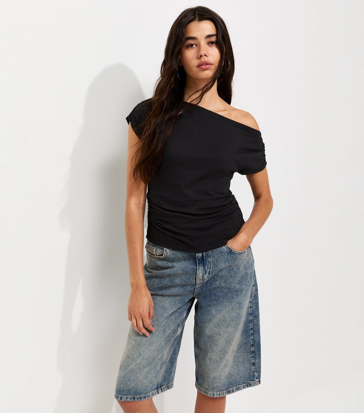 New Look Women's Black Cotton Jersey Off the Shoulder Ruched Top New Look