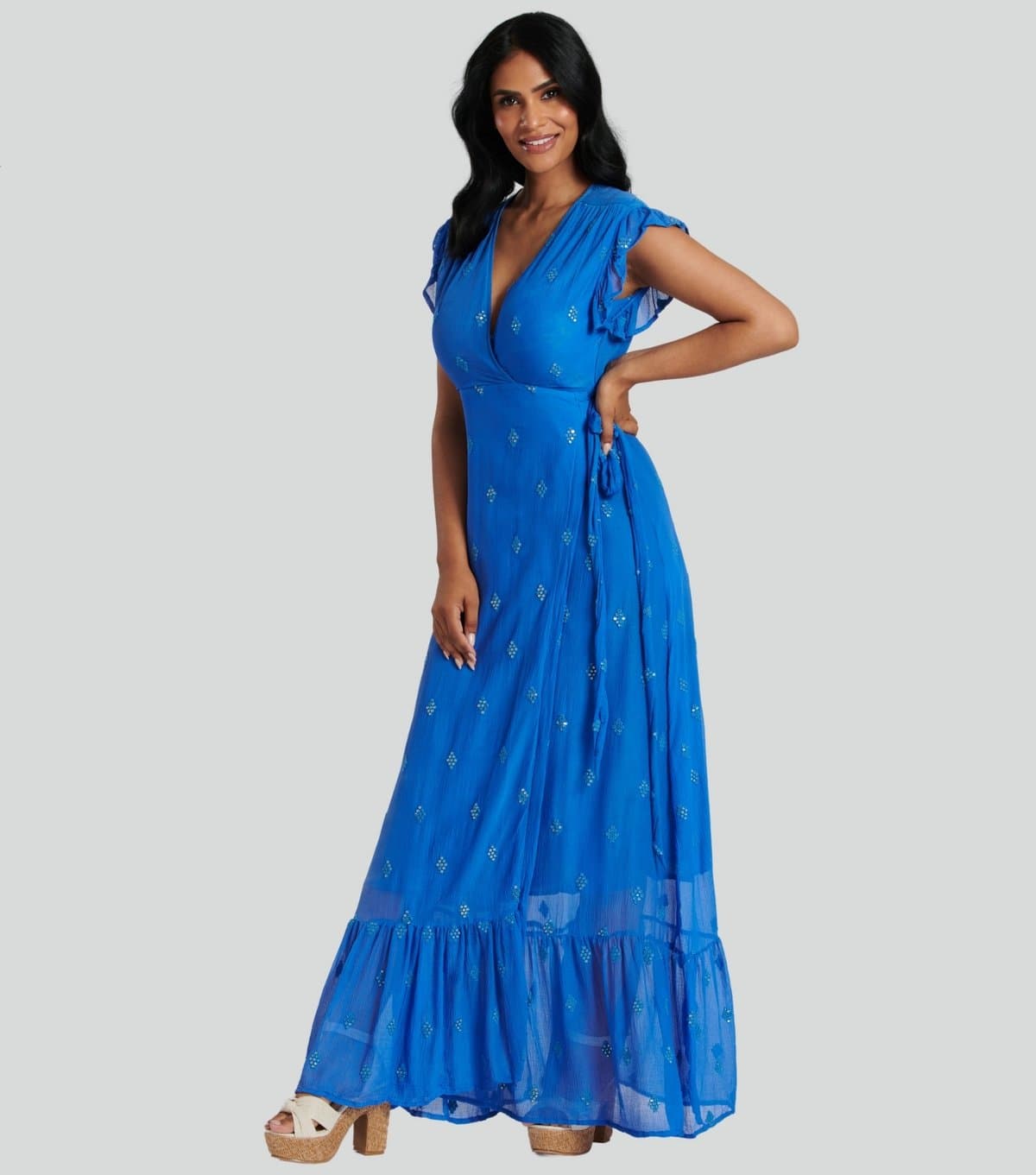 South Beach Women's Bright Blue Sequin Embroidered Wrap Midi Dress South Beach New Look