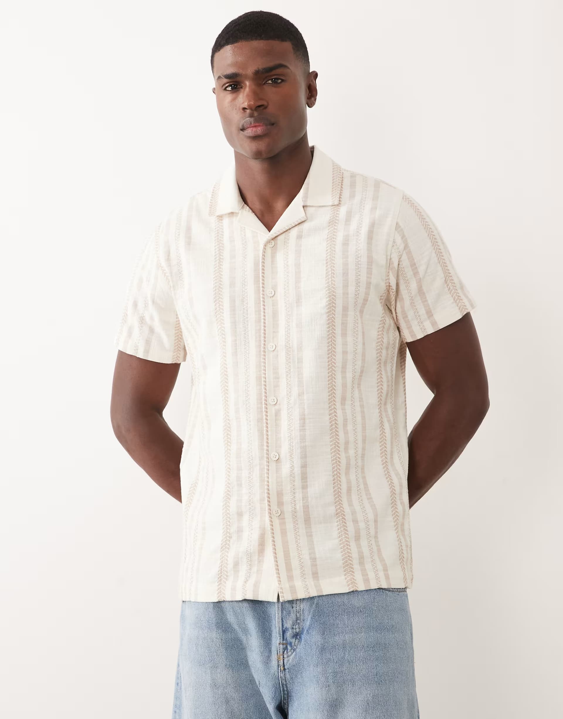 ASOS Threadbare cotton short sleeve textured shirt in stone and ecru stripe