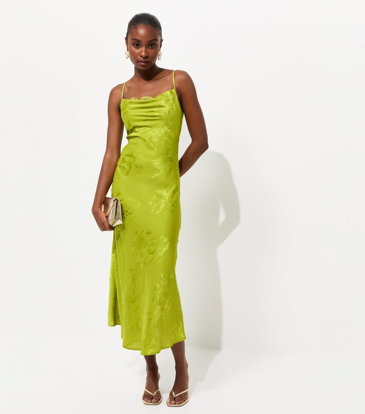 New Look Women's Light Green Lace Trim Floral Jacquard Strappy Midi Dress New Look