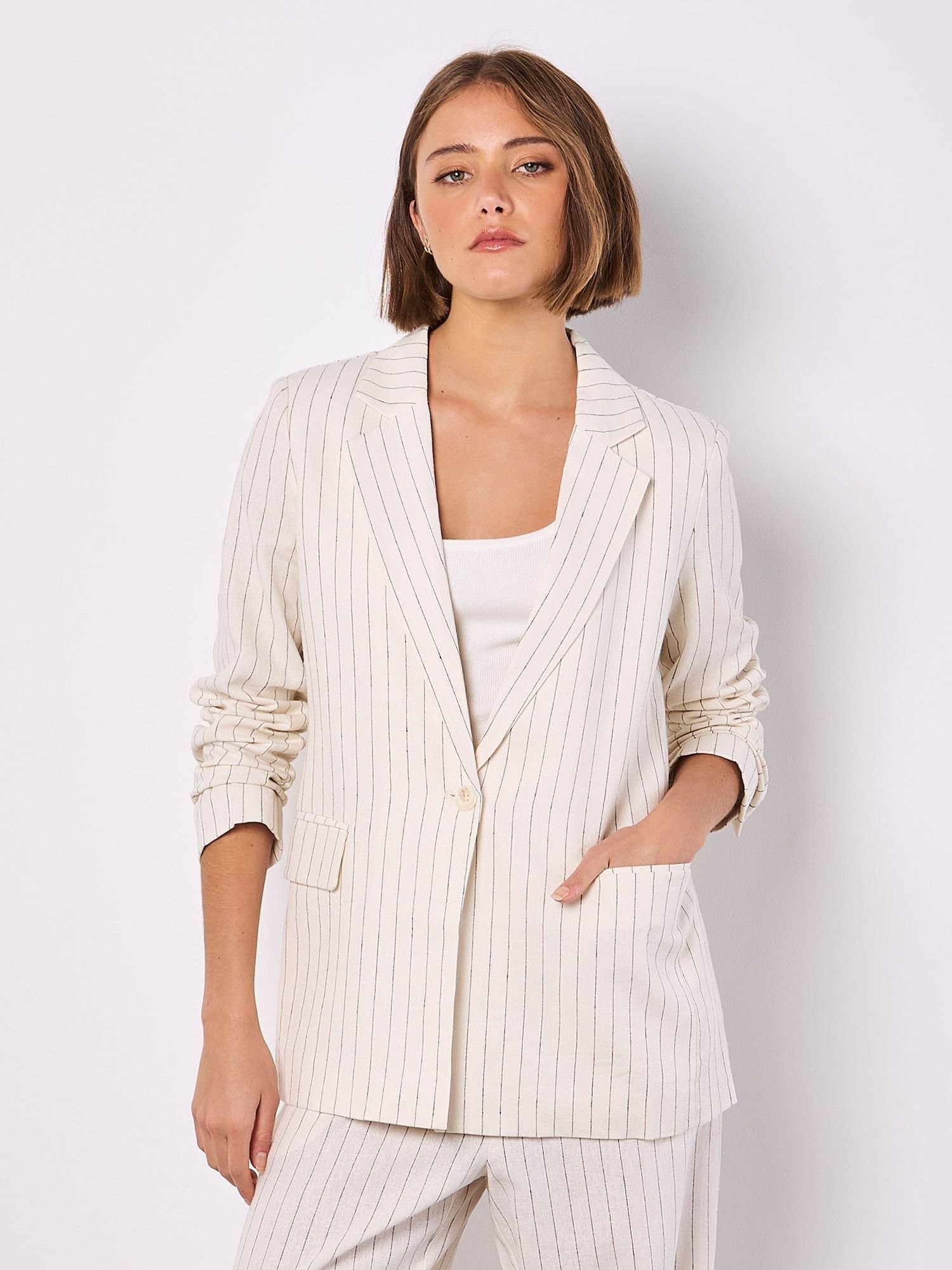 Apricot Apricot Cream Pinstripe Linen Blazer for Women