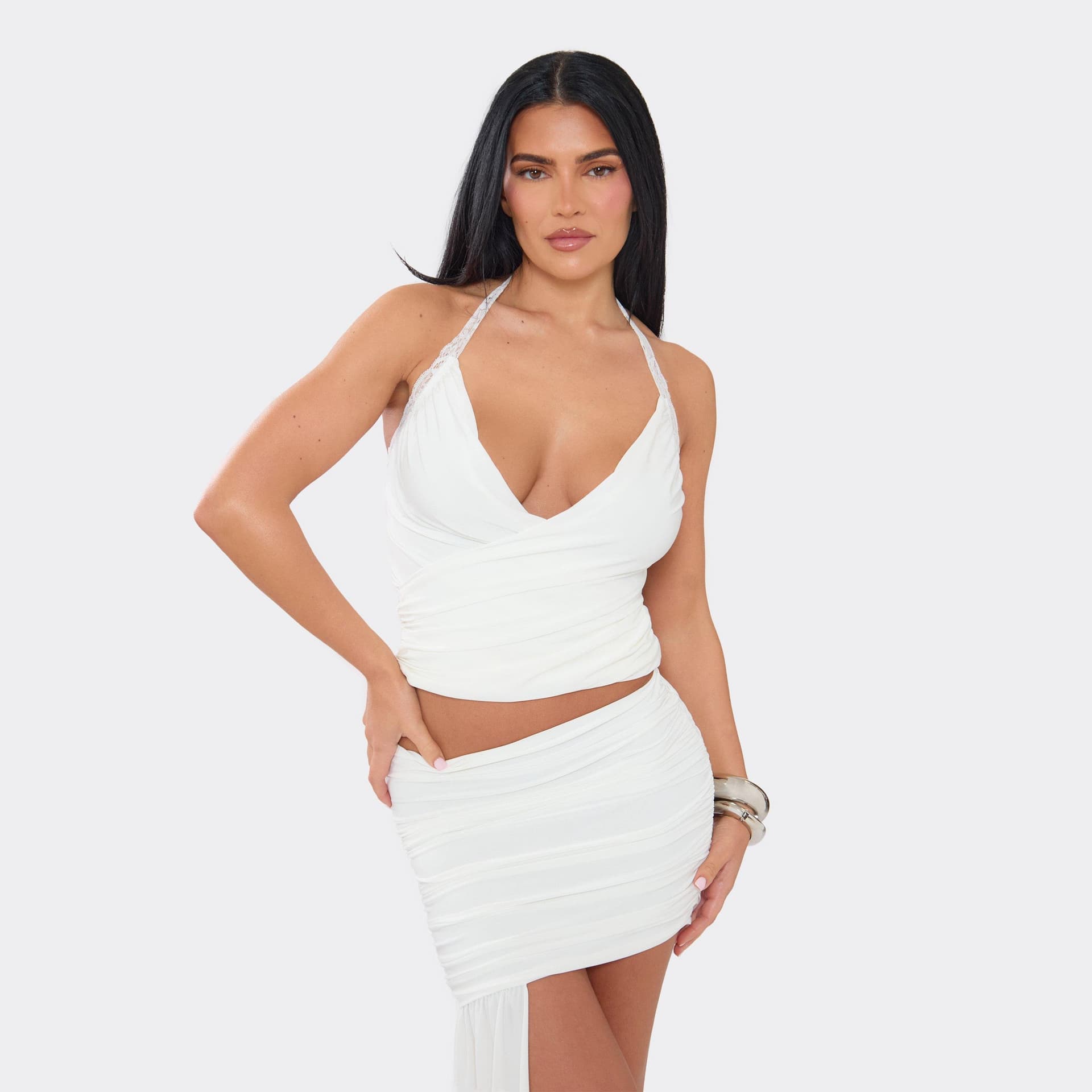 EGO Halterneck Lace Trim Crossover Front Top In White Slinky, Women's Size UK 6