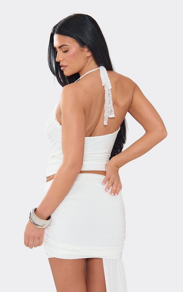 EGO Halterneck Lace Trim Crossover Front Top In White Slinky, Women's Size UK 6 - 2