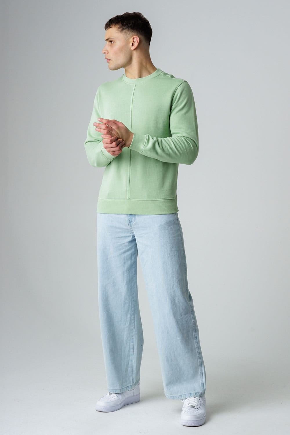 Influence Influence Men's Cotton Blend Crew Neck Acid Wash Seam Sweatshirt in Green - 4