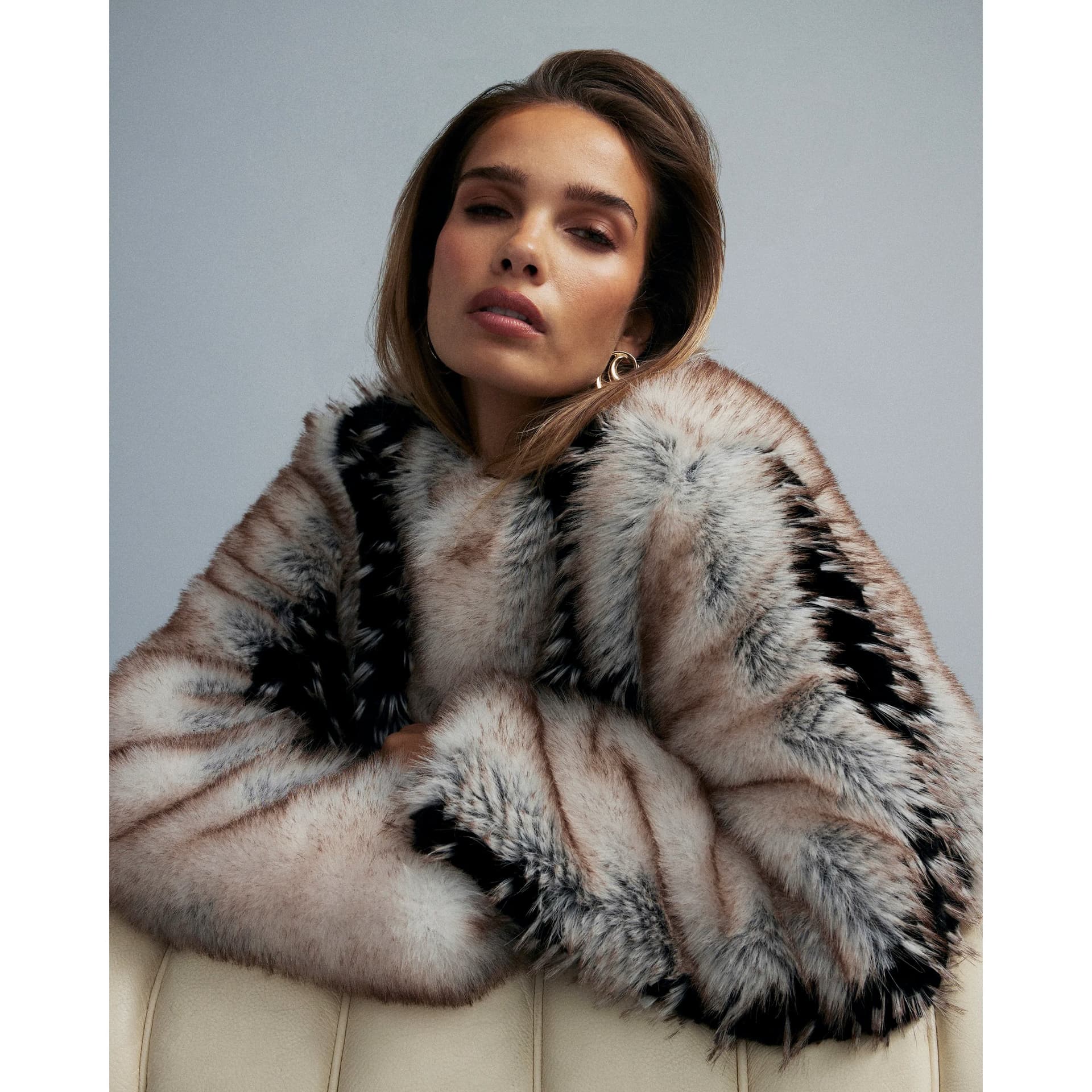 River Island River Island Womens Cream Mixed Faux Fur Plush Coat