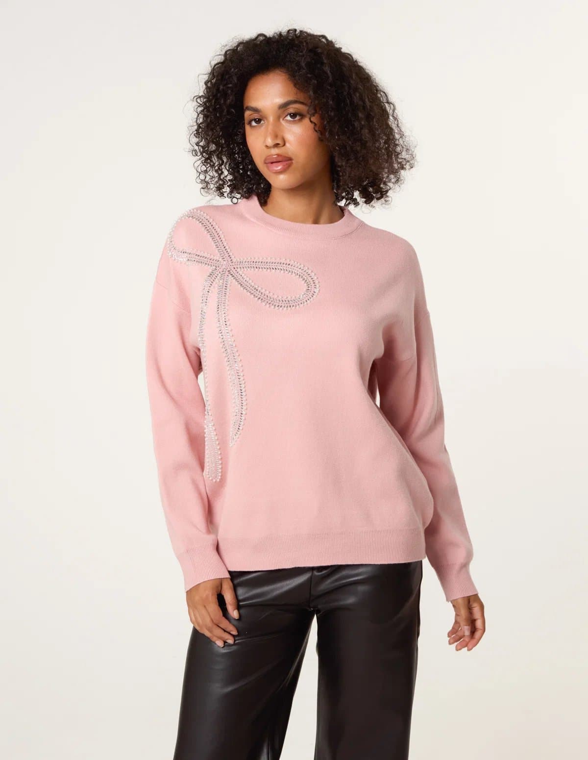 Blue Vanilla Diamante And Pearl Bow Knit Jumper