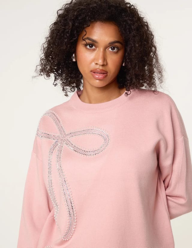 Blue Vanilla Diamante And Pearl Bow Knit Jumper - 3