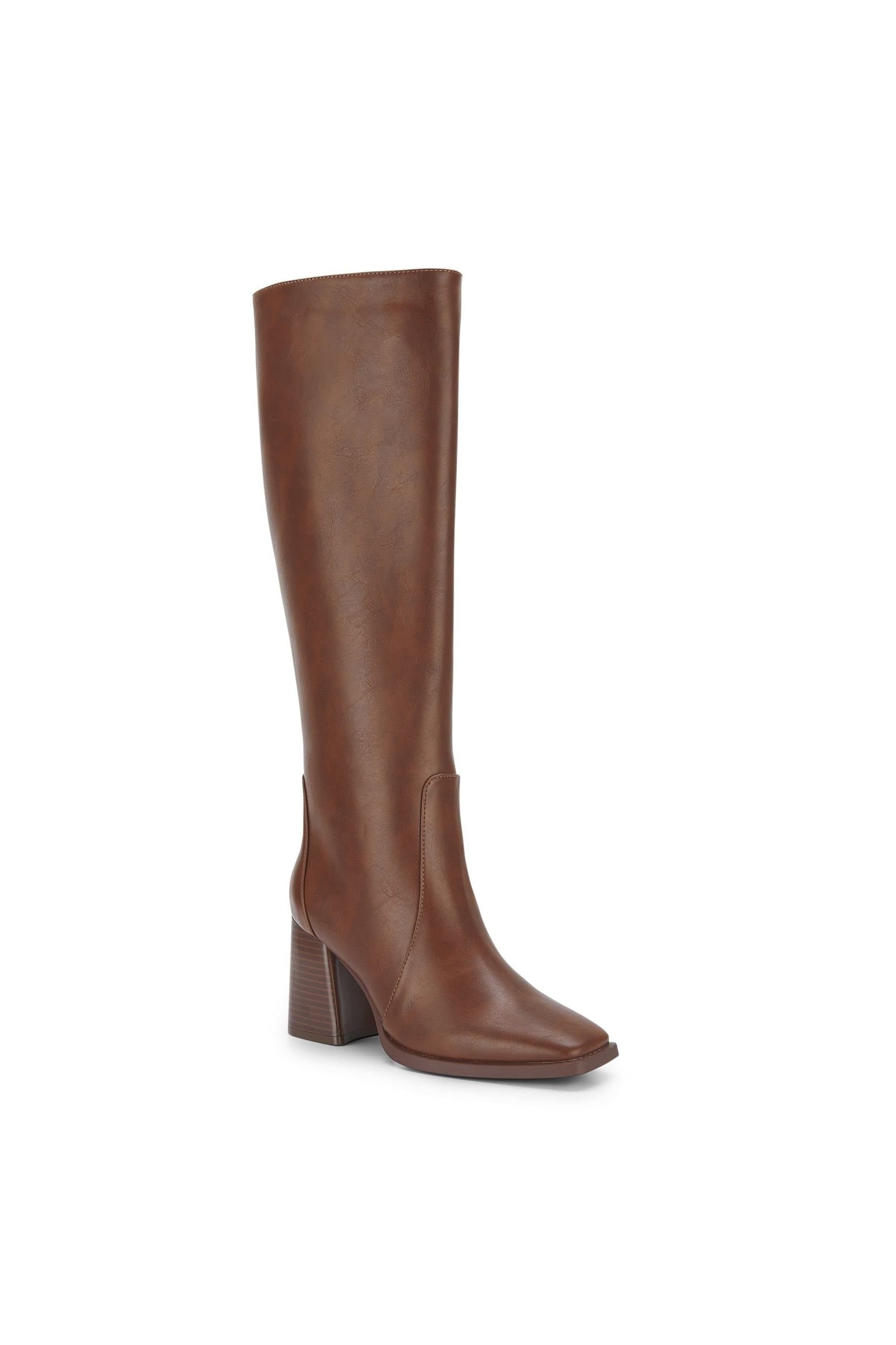 Truffle Collection Truffle Collection Women's Knee High Boots With Chunky Block Heel Zip Square Toe Shoes in Tan