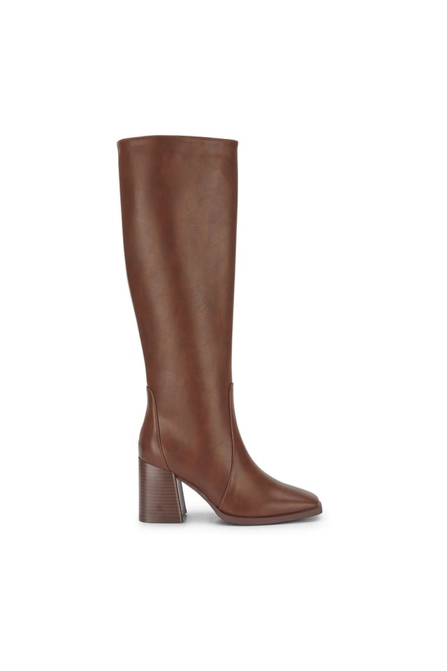 Truffle Collection Truffle Collection Women's Knee High Boots With Chunky Block Heel Zip Square Toe Shoes in Tan - 2