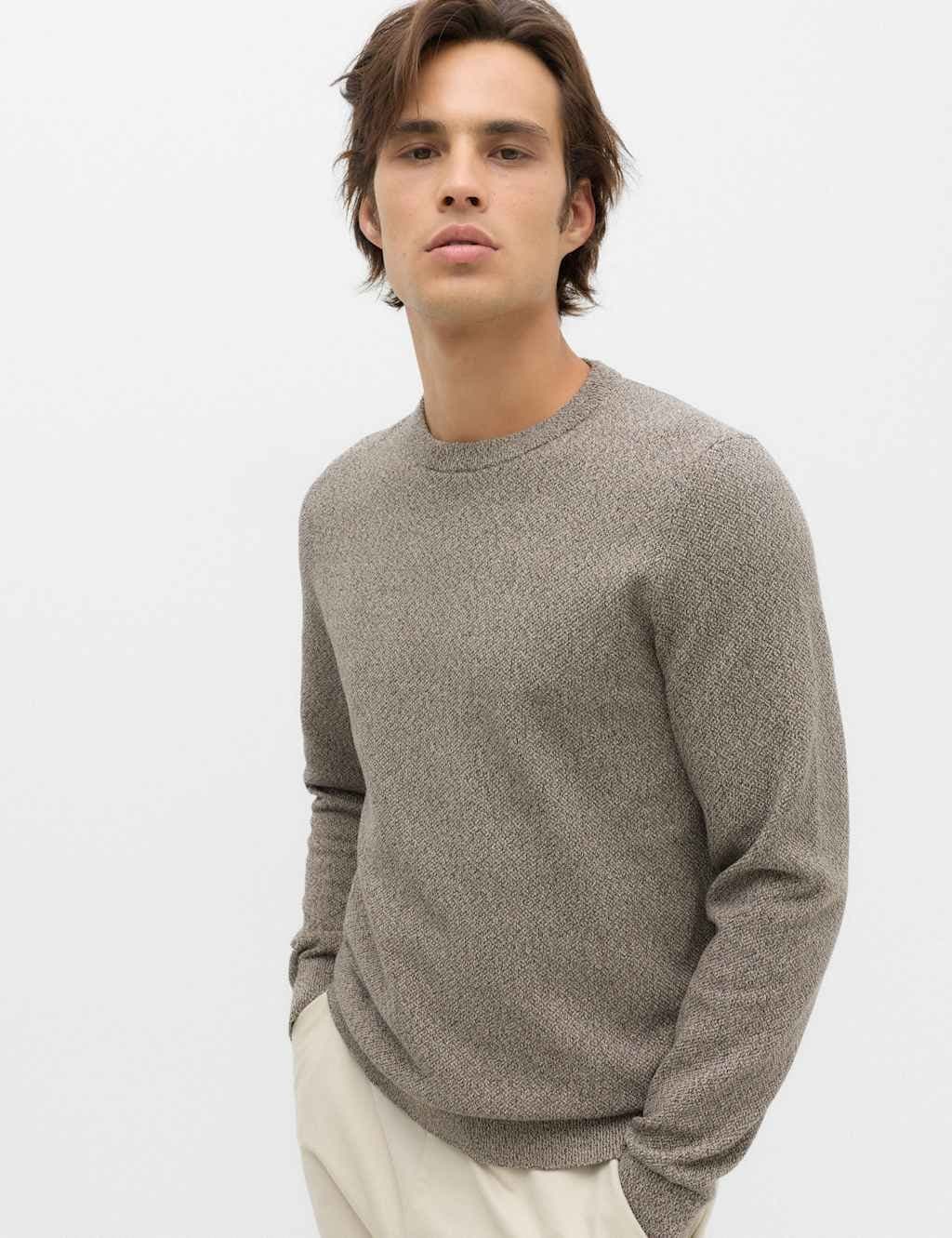 Marks & Spencer M&S Pure Cotton Textured Crew Neck Jumper Natural Mix