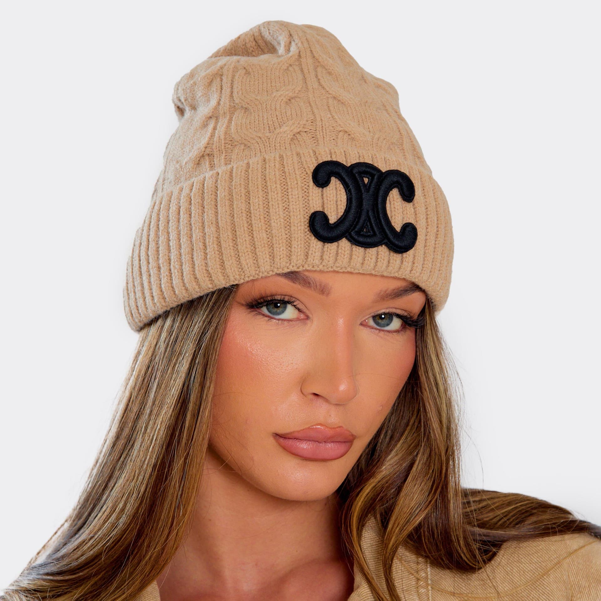 EGO Logo Detail Beanie Hat In Beige Cable Knit, Women's Size UK 0