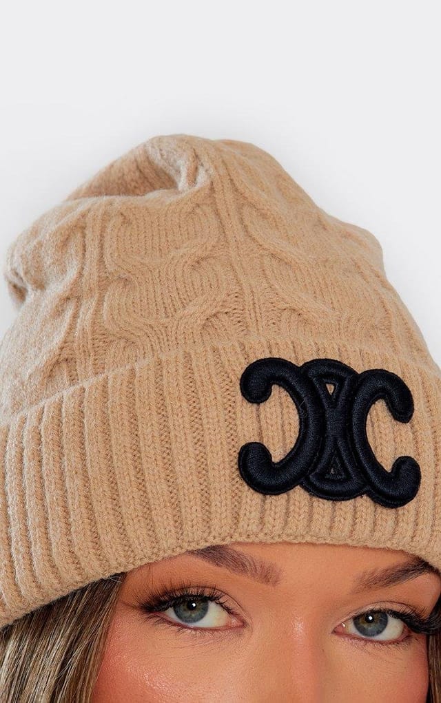 EGO Logo Detail Beanie Hat In Beige Cable Knit, Women's Size UK 0 - 2