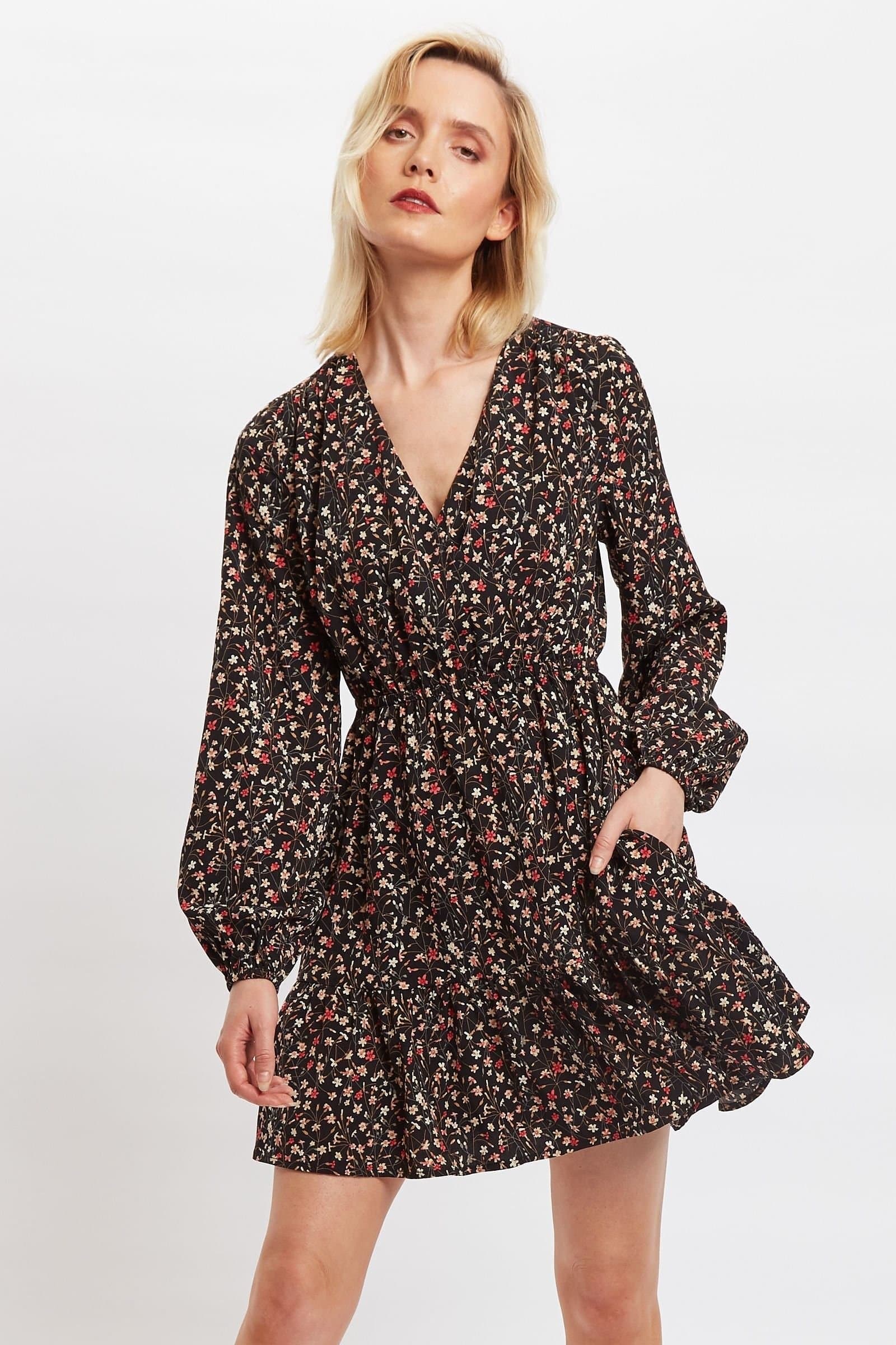 Louche Louche Women's Giovanna Wax Flower Print Long Sleeved Tie Mini Dress