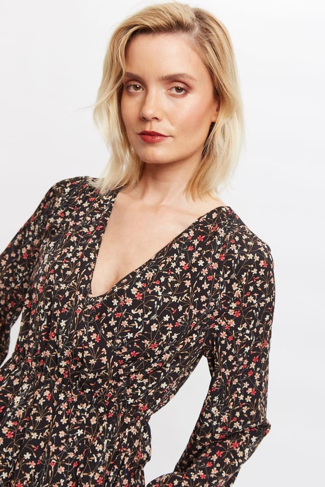 Louche Louche Women's Giovanna Wax Flower Print Long Sleeved Tie Mini Dress - 3