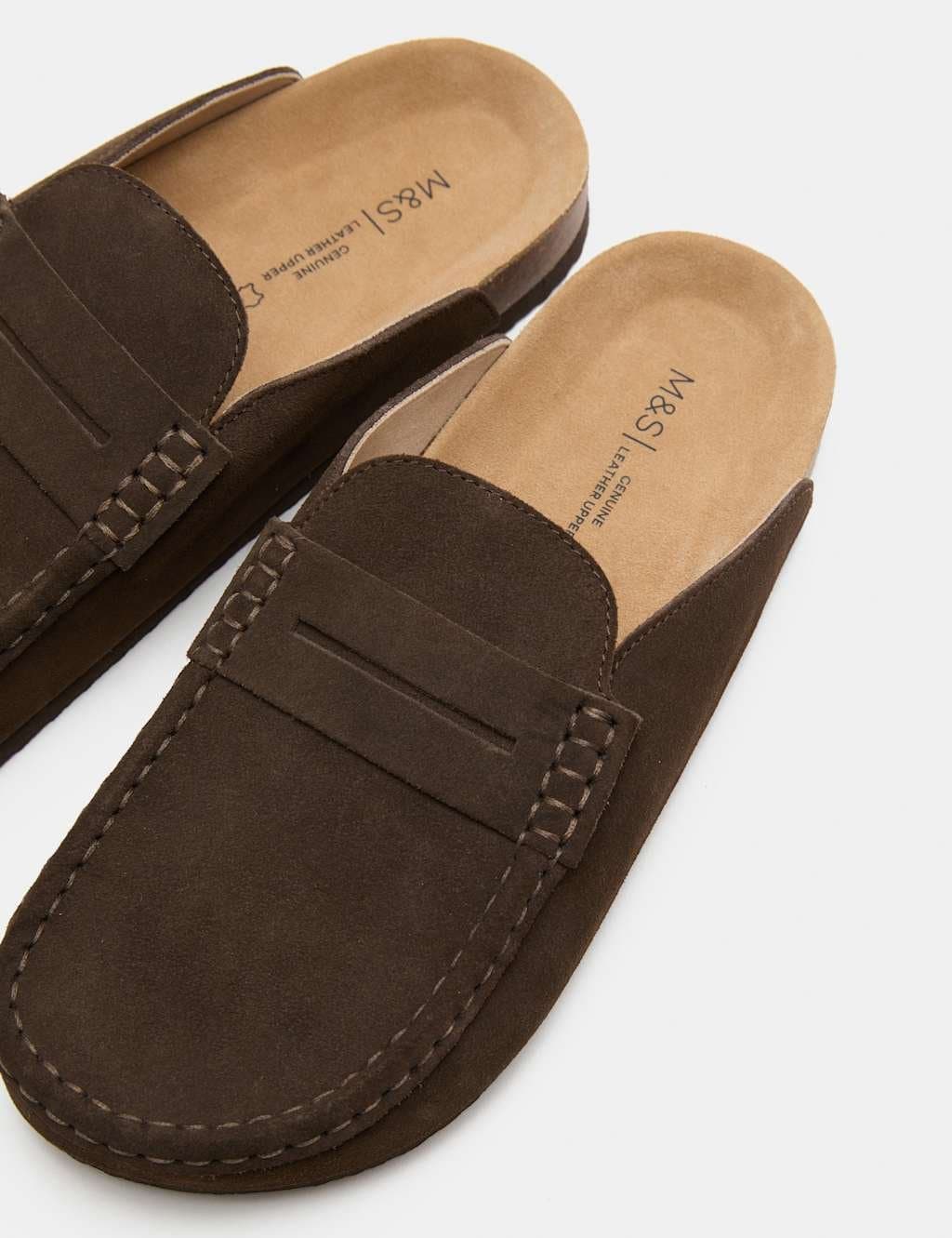 Marks & Spencer M&S Suede Saddle Loafer Corkbed Mules Brown