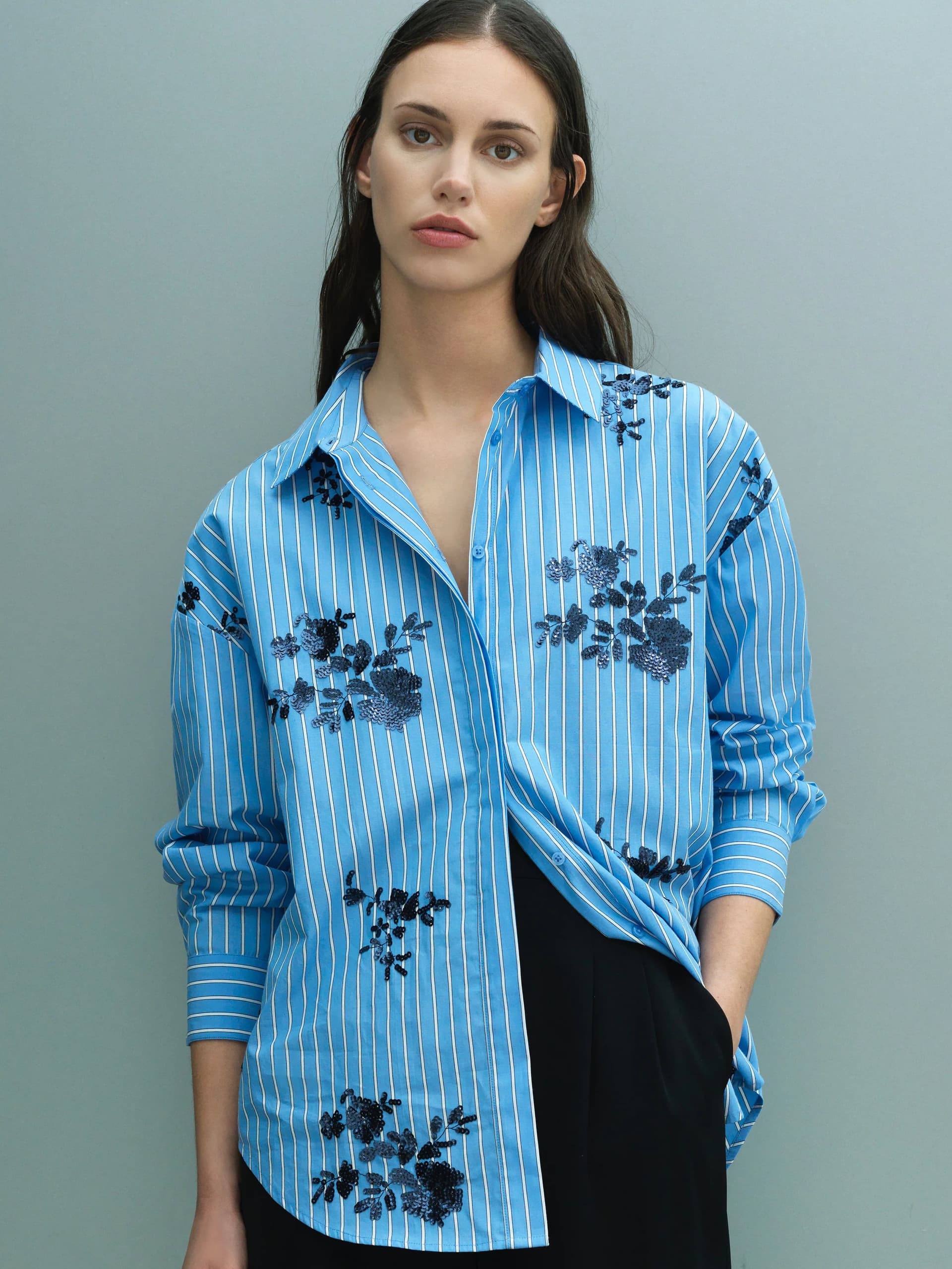 French Connection Cambria Blue Striped Floral Sequin Embroidered Shirt Blue/Navy/White