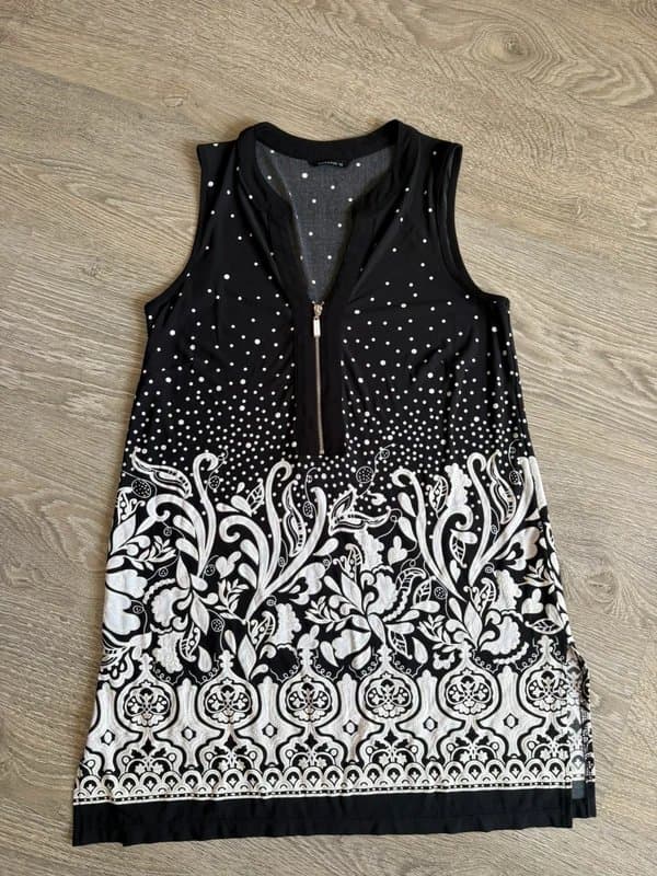 ROMAN Roman Sleeveless Zip Neck Tunic Top UK 10 | Floral Baroque Print Stretch Top Smart Casual