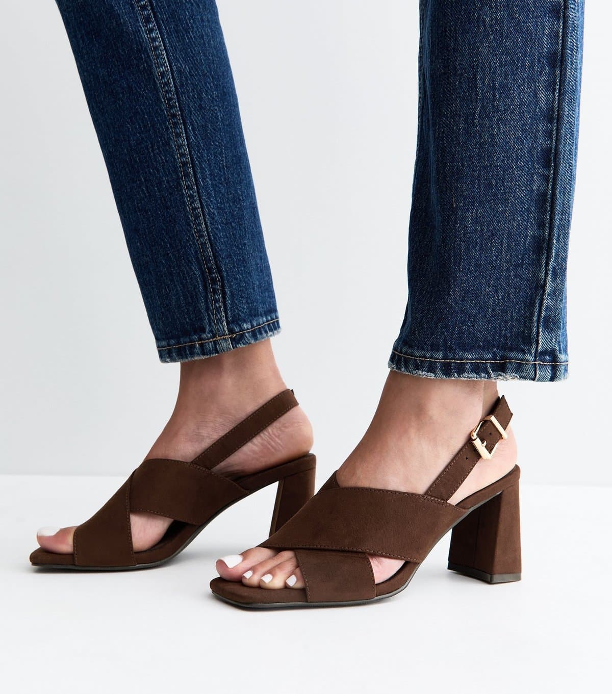 New Look New Look Dark Brown Faux Suede Cross Over Block Heel Sandals