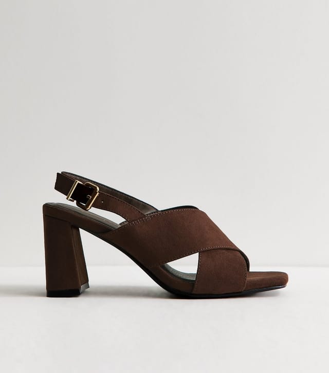 New Look Women's Dark Brown Faux Suede Cross Over Block Heel Sandals New Look - 2