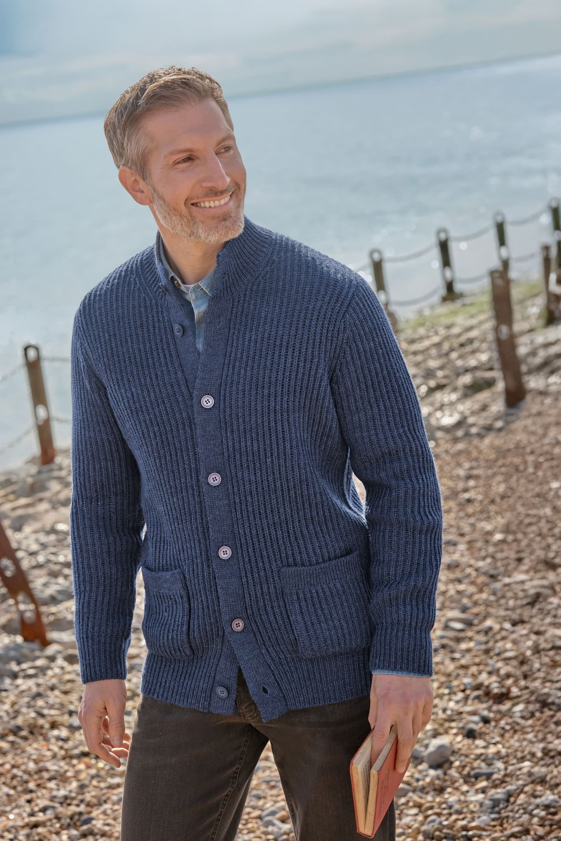 WoolOvers WoolOvers Men's Pure Wool Countryman Button Cardigan in Blue