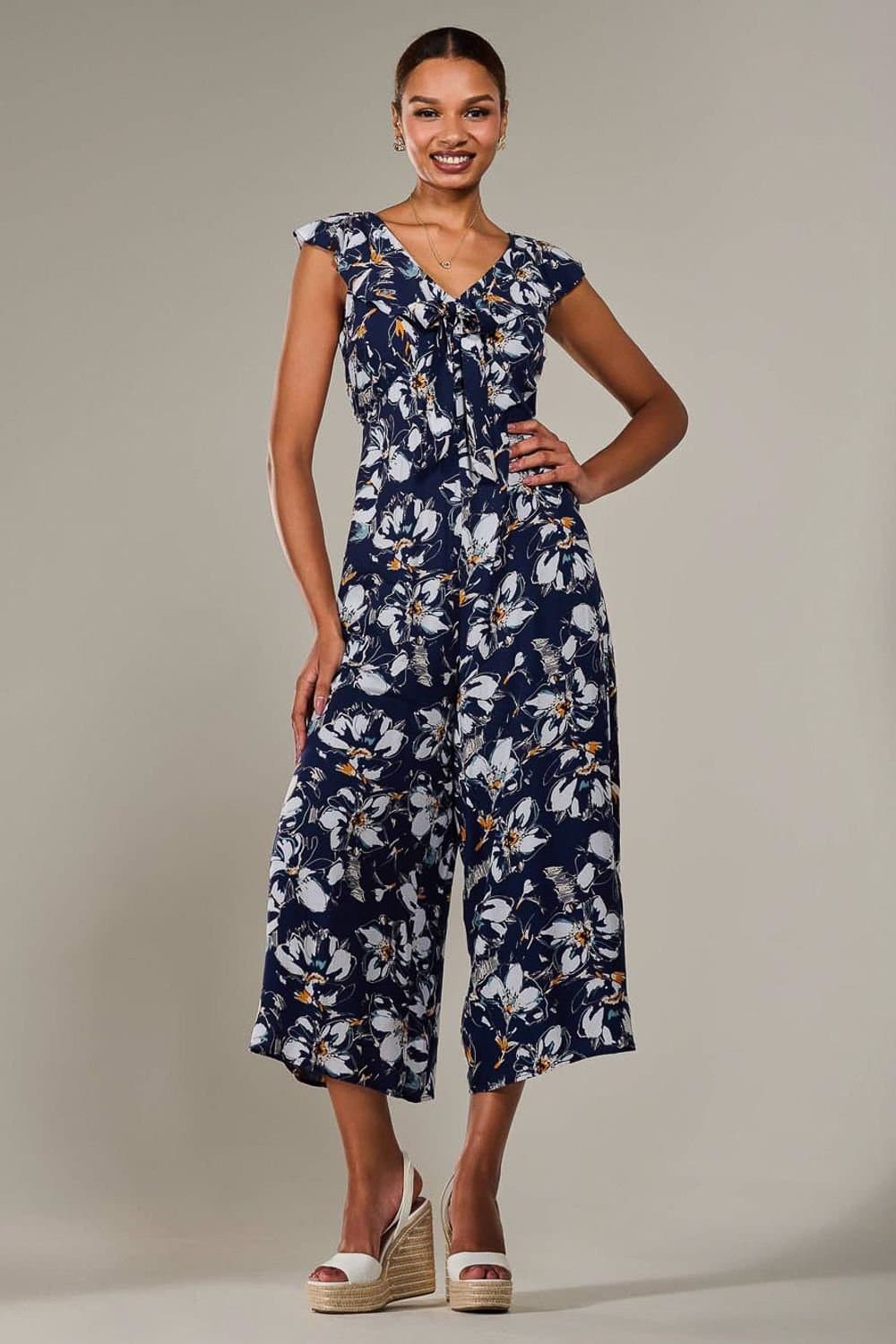 Jolie Moi Jolie Moi Women's Frill Tie-front Jumpsuit in Mid Navy