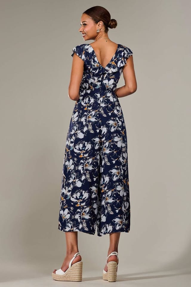 Jolie Moi Jolie Moi Women's Frill Tie-front Jumpsuit in Mid Navy - 2