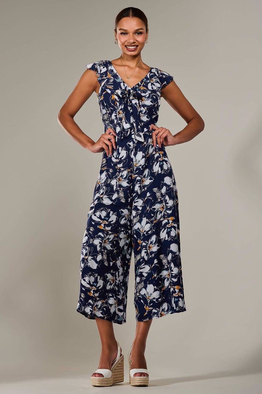 Jolie Moi Jolie Moi Women's Frill Tie-front Jumpsuit in Mid Navy - 4