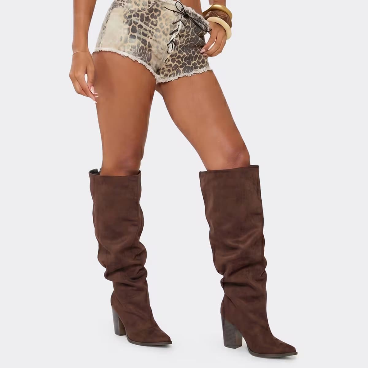 EGO Simone Pointed Toe Knee High Slouched Boot In Brown Faux Suede., Women's Size UK 3