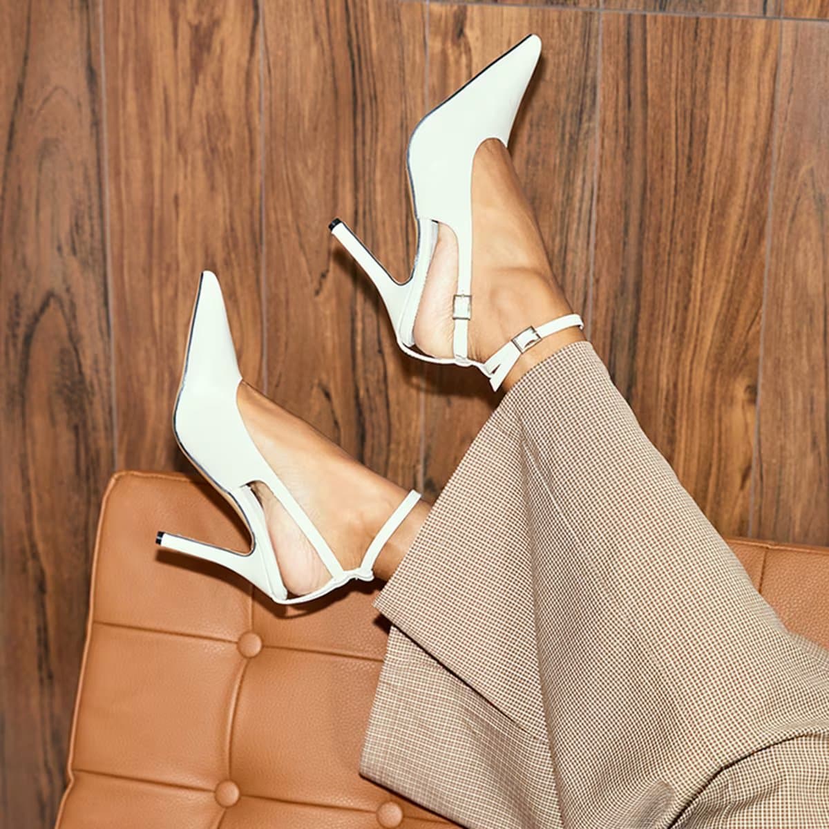 EGO Indore Ankle Strap Pointed Toe Heel In Cream Faux Leather, Women's Size UK 4