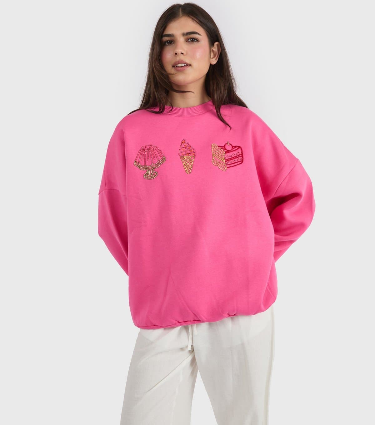 Skinnydip Women's Bright Pink Beaded Cake Sweatshirt Skinnydip New Look