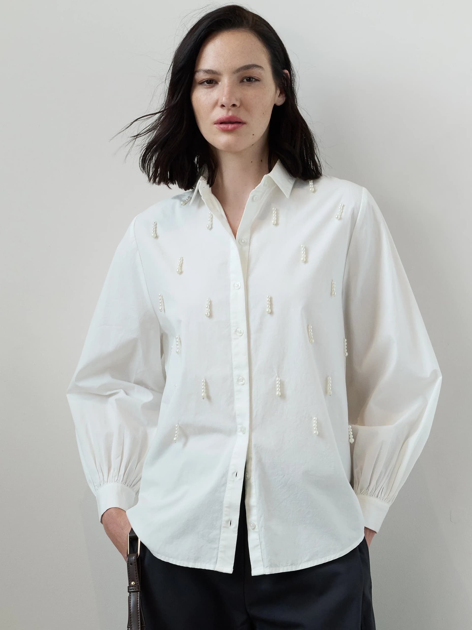 French Connection Cambria White Faux Pearl Embellished Shirt Winter White