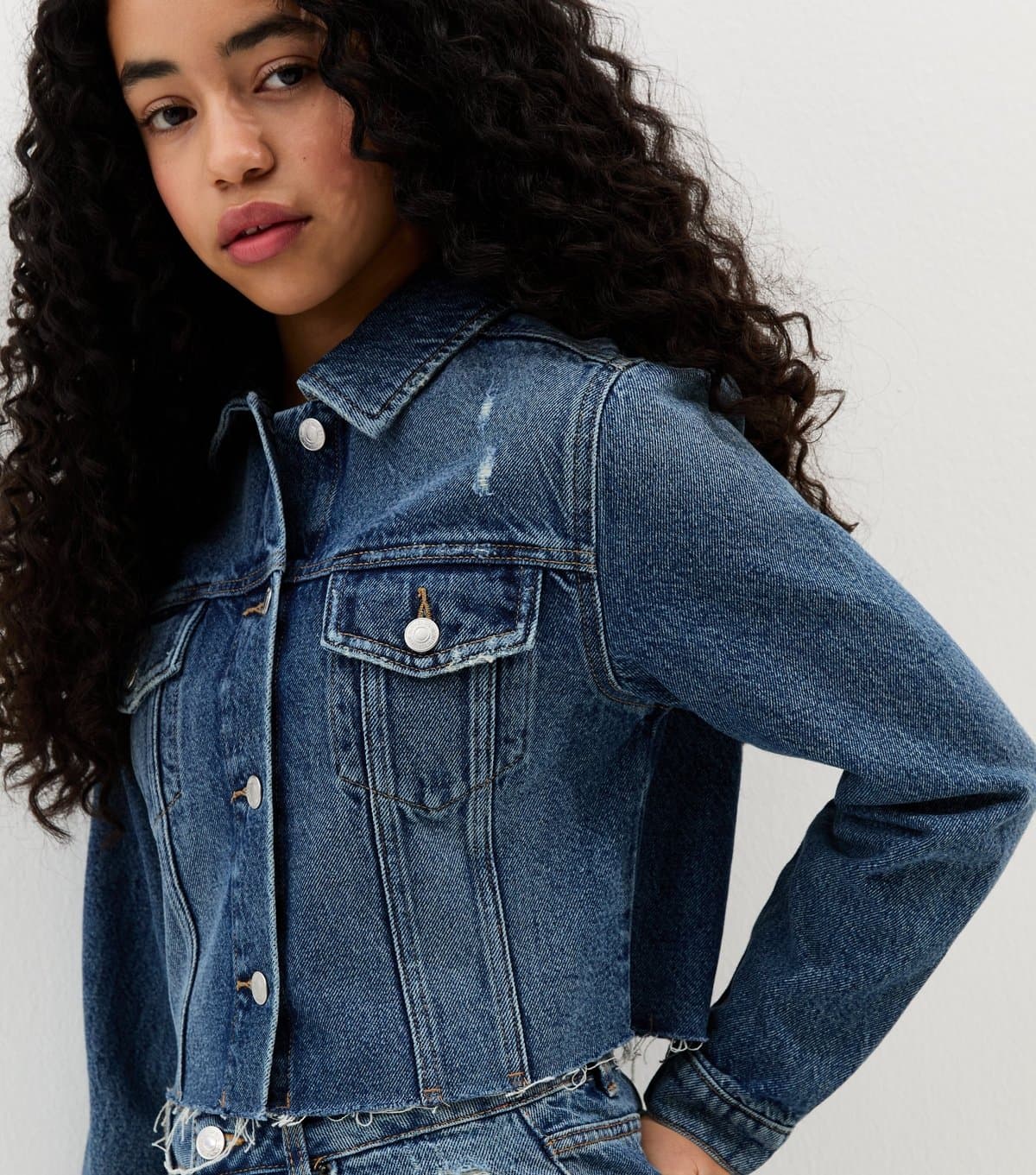 New Look Girls' Blue Distressed Cropped Denim Jacket New Look