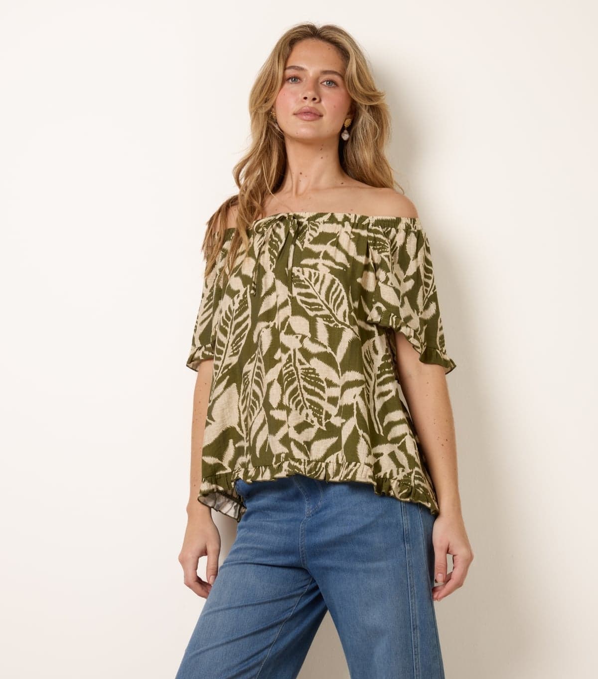 Blue Vanilla Women's Dark Khaki Leaf Print Tie Front Top Blue Vanilla New Look