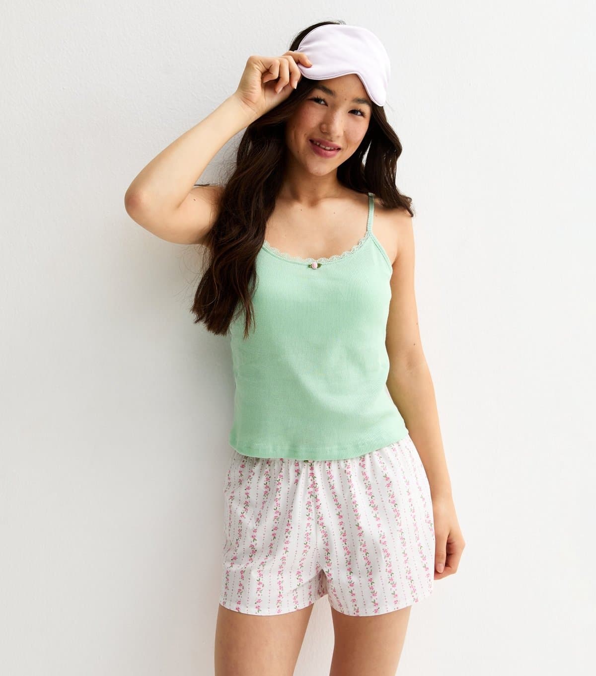 New Look Girls' Light Green Cami and Floral Shorts Pyjama Set New Look