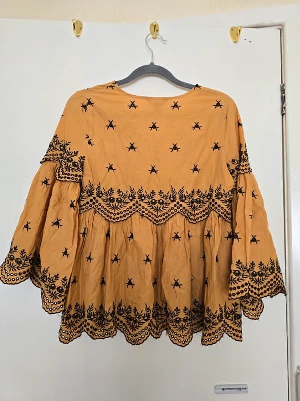 New Look New look Mustard black flower embroidered patterned boho top bell sleeved pleated