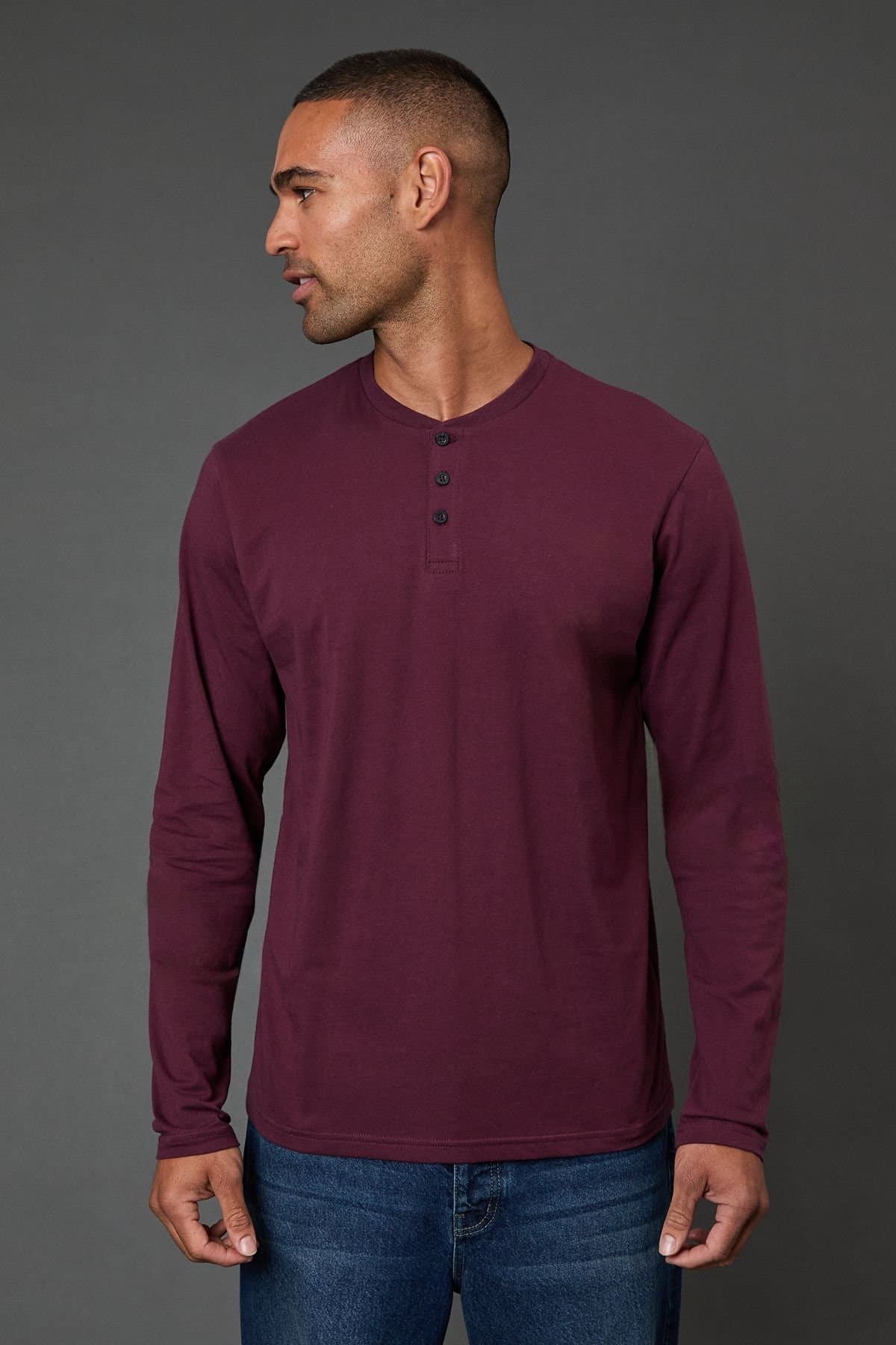 Burton Burton Men's Burgundy Long Sleeve Grandad Neck T-Shirt