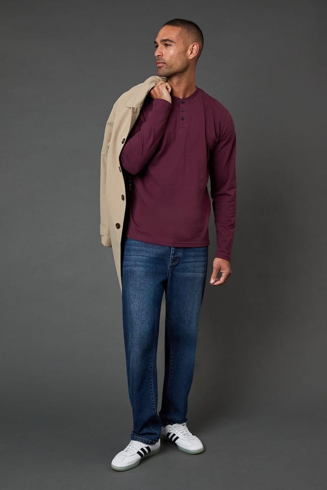 Burton Burton Men's Burgundy Long Sleeve Grandad Neck T-Shirt - 2