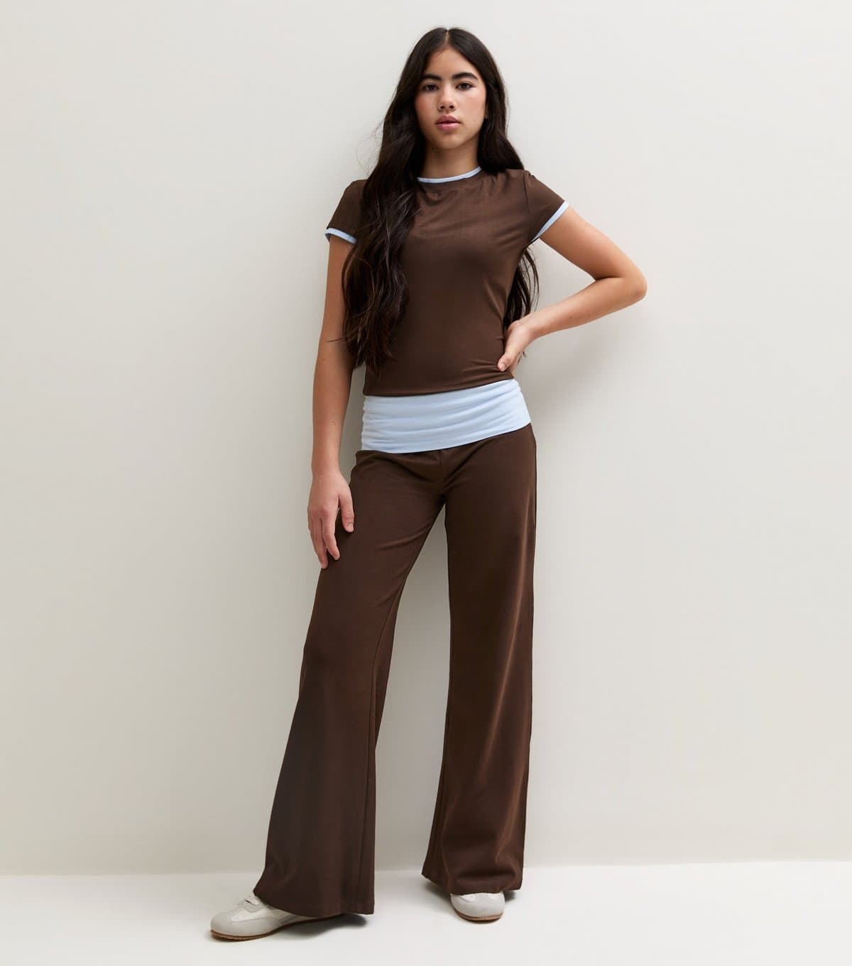 New Look Girls' Dark Brown Cotton Rich Contrast Fold Over Waistband Leggings New Look