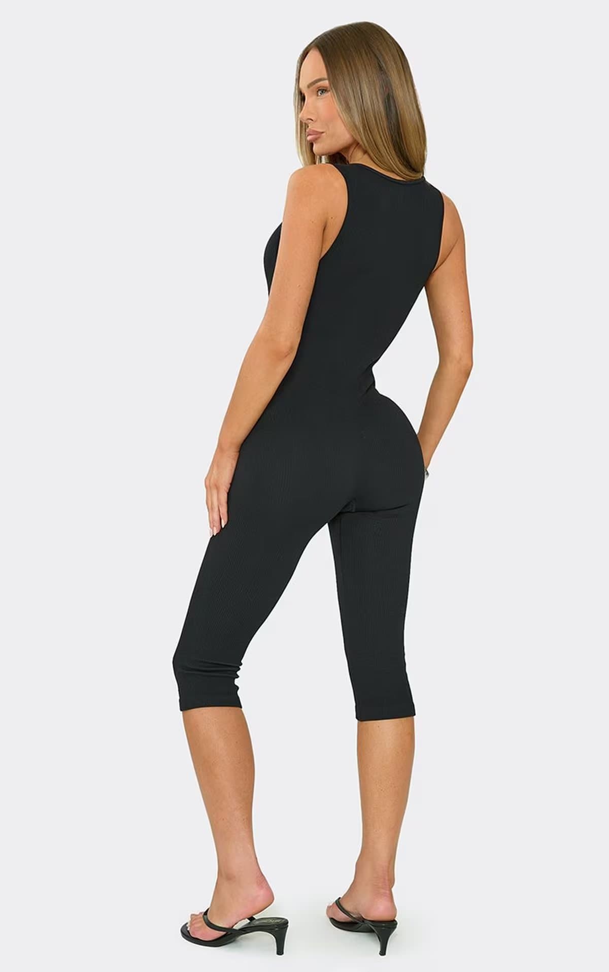 EGO Sleeveless V Neck Contour Capri Jumpsuit In Black Rib, Women's Size UK S