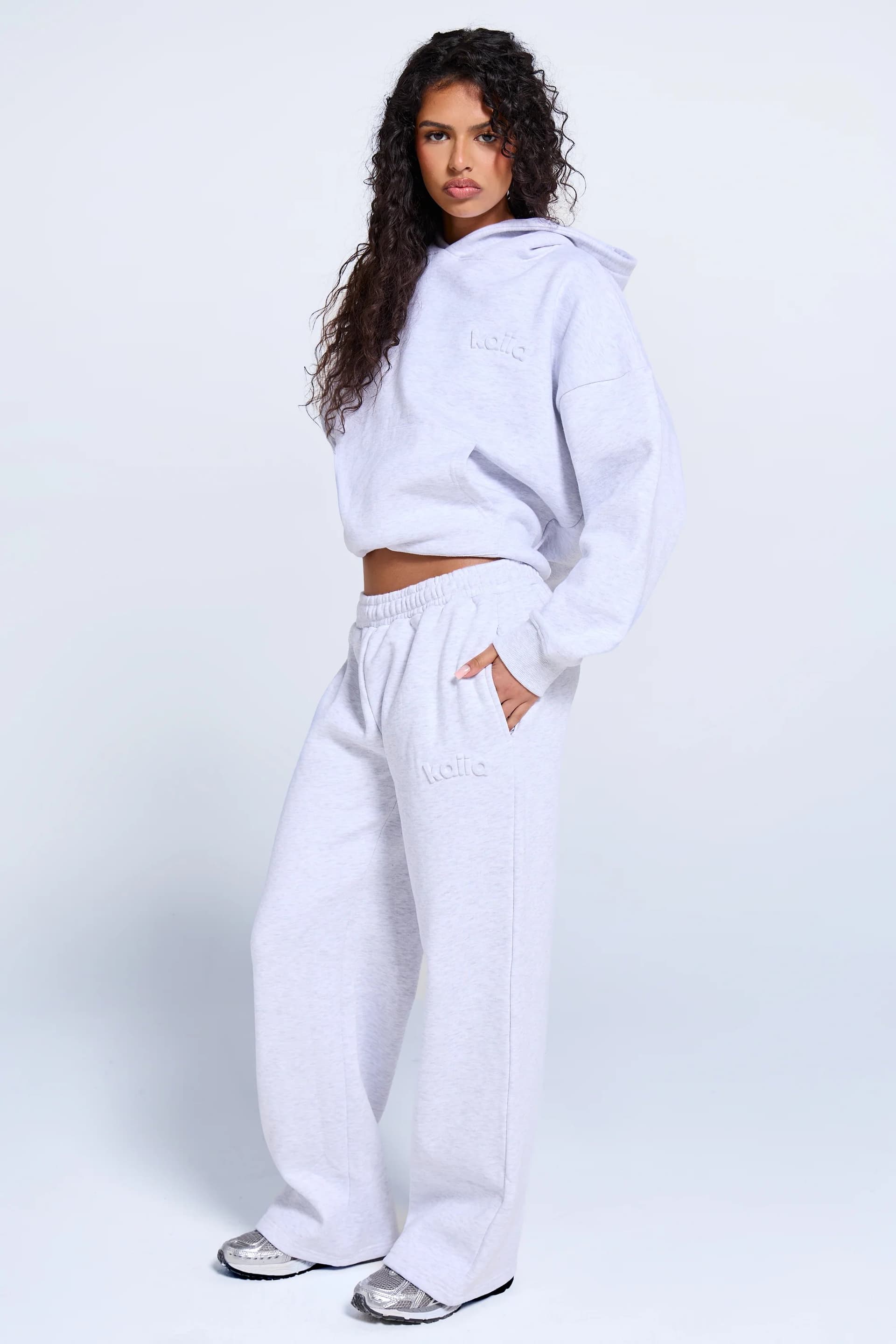 Kaiia Kaiia Embossed Logo Wide Leg Joggers Light Grey Marl